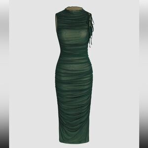 Cider: MESH RUCHED HIGH NECK MIDI DRESS